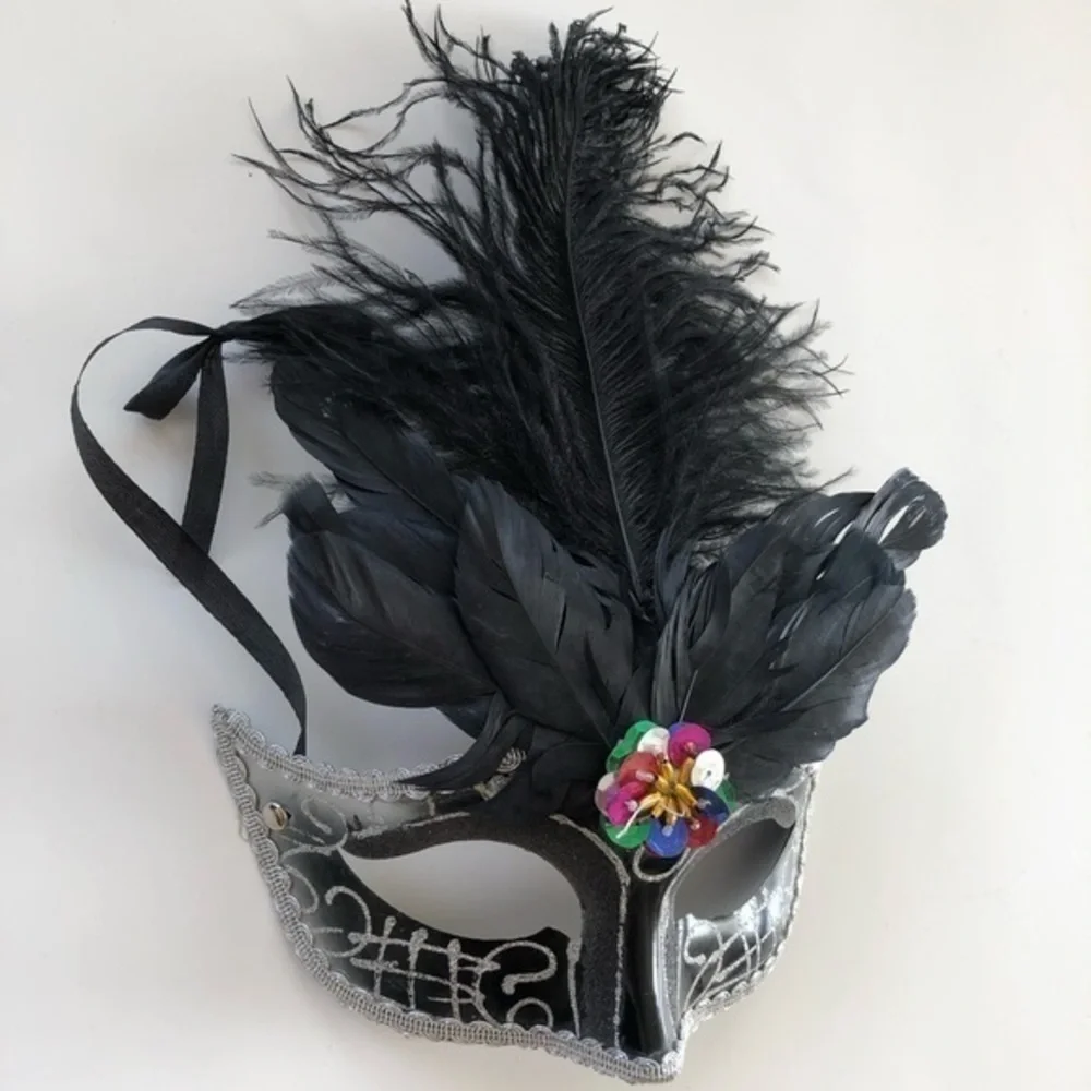 Masquerade Mask Black & Silver with Feathers